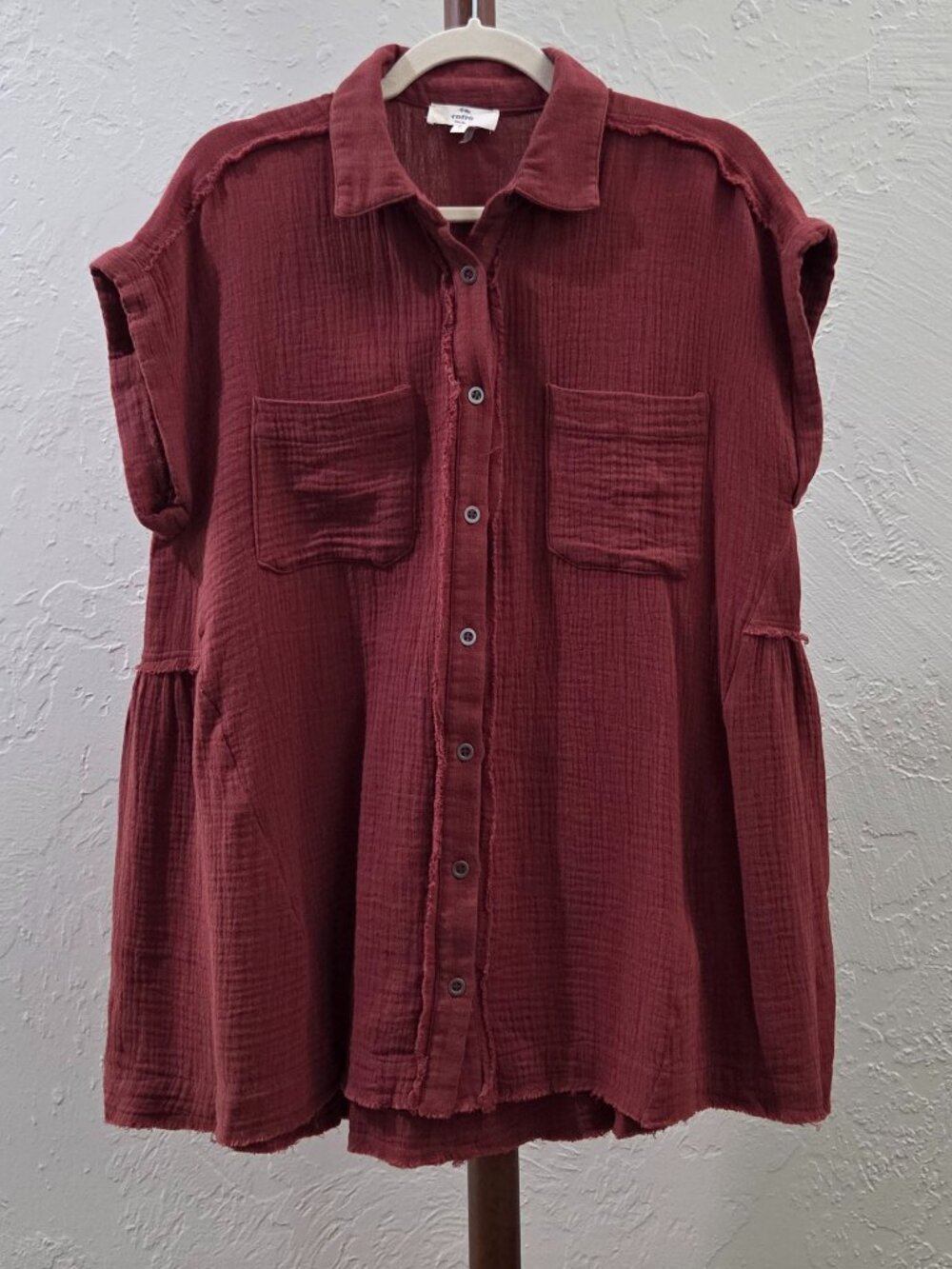 Gauze Short Sleeve Button Down Babydoll Top